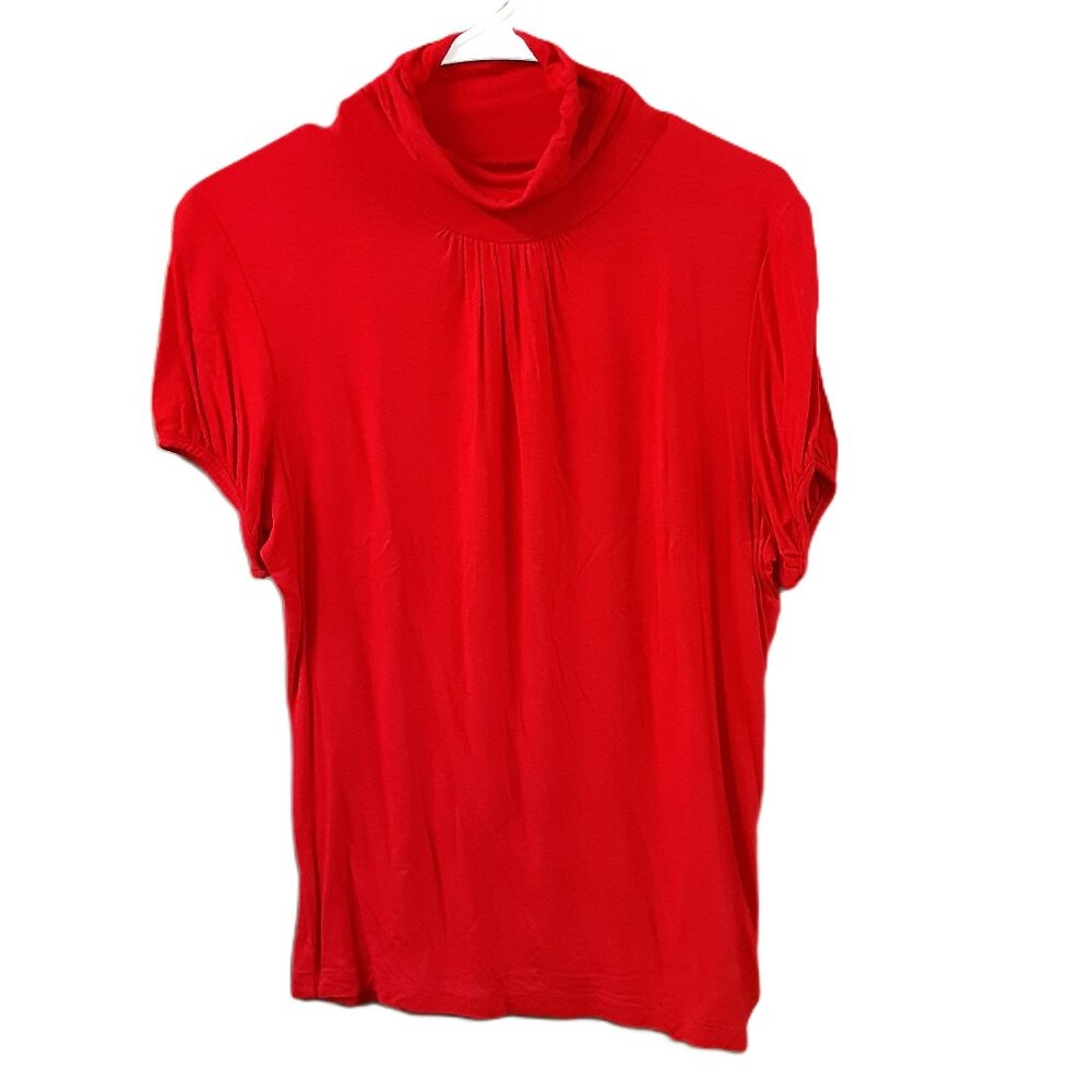 August Silk Woman's Top Size MEDIUM, Red, Short Sleeve, High Collar. Pullover